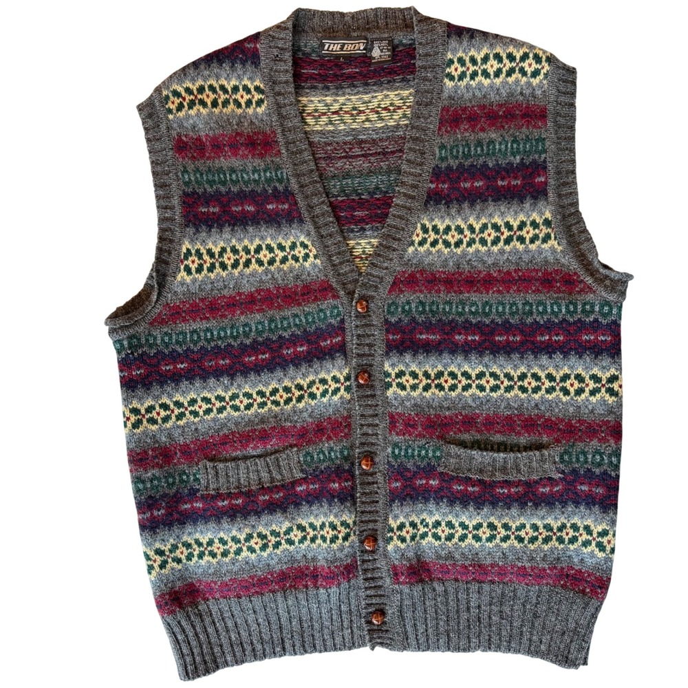 The Bon Fair Isle Cardigan Vest Mens Large Gray Multi 100% Shetland Wool Vintage